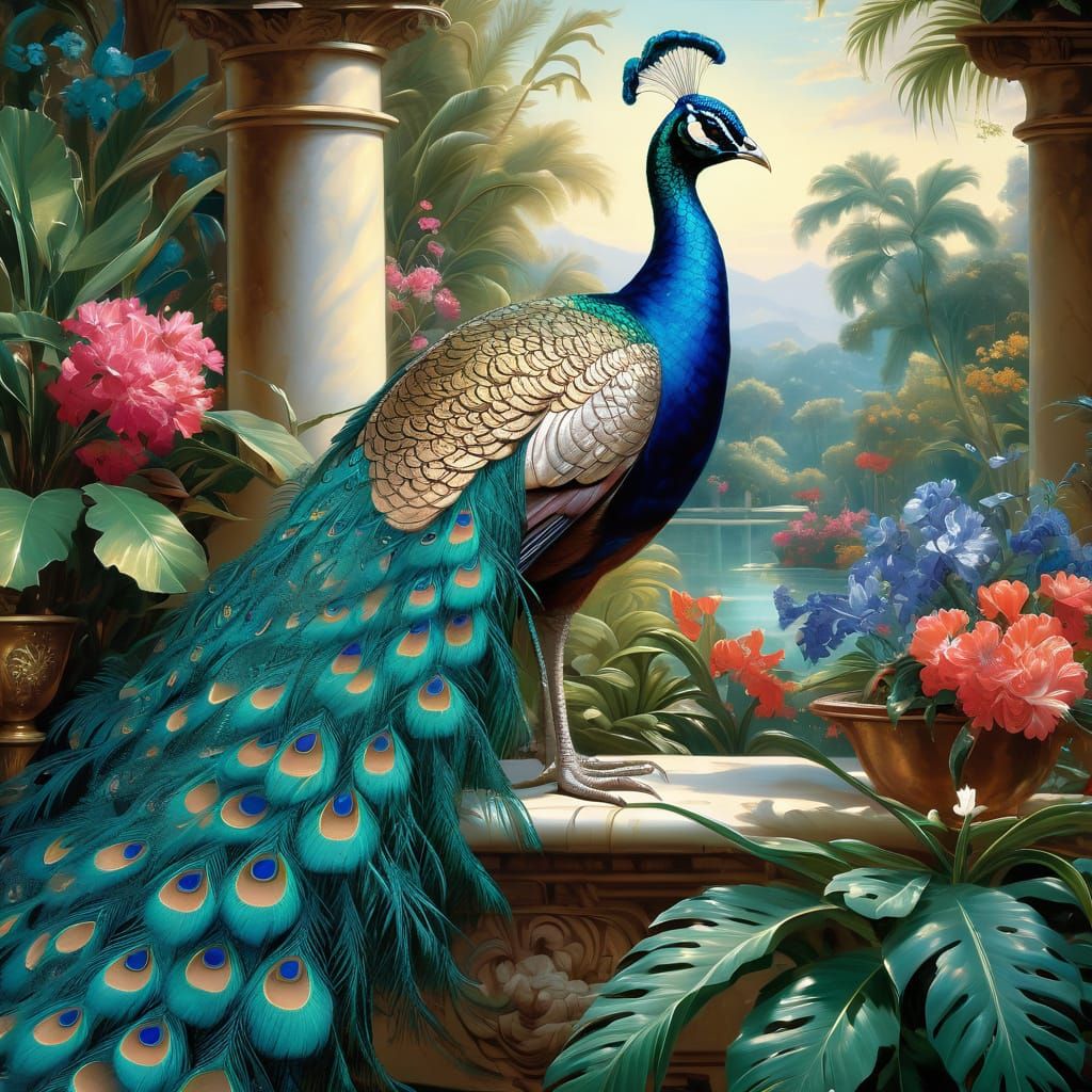 Peacock Displaying Turquoise Plumage in Tropical Garden