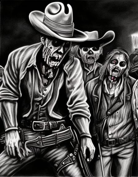 Cowboy Shoots Zombie in Old West Charcoal Drawing