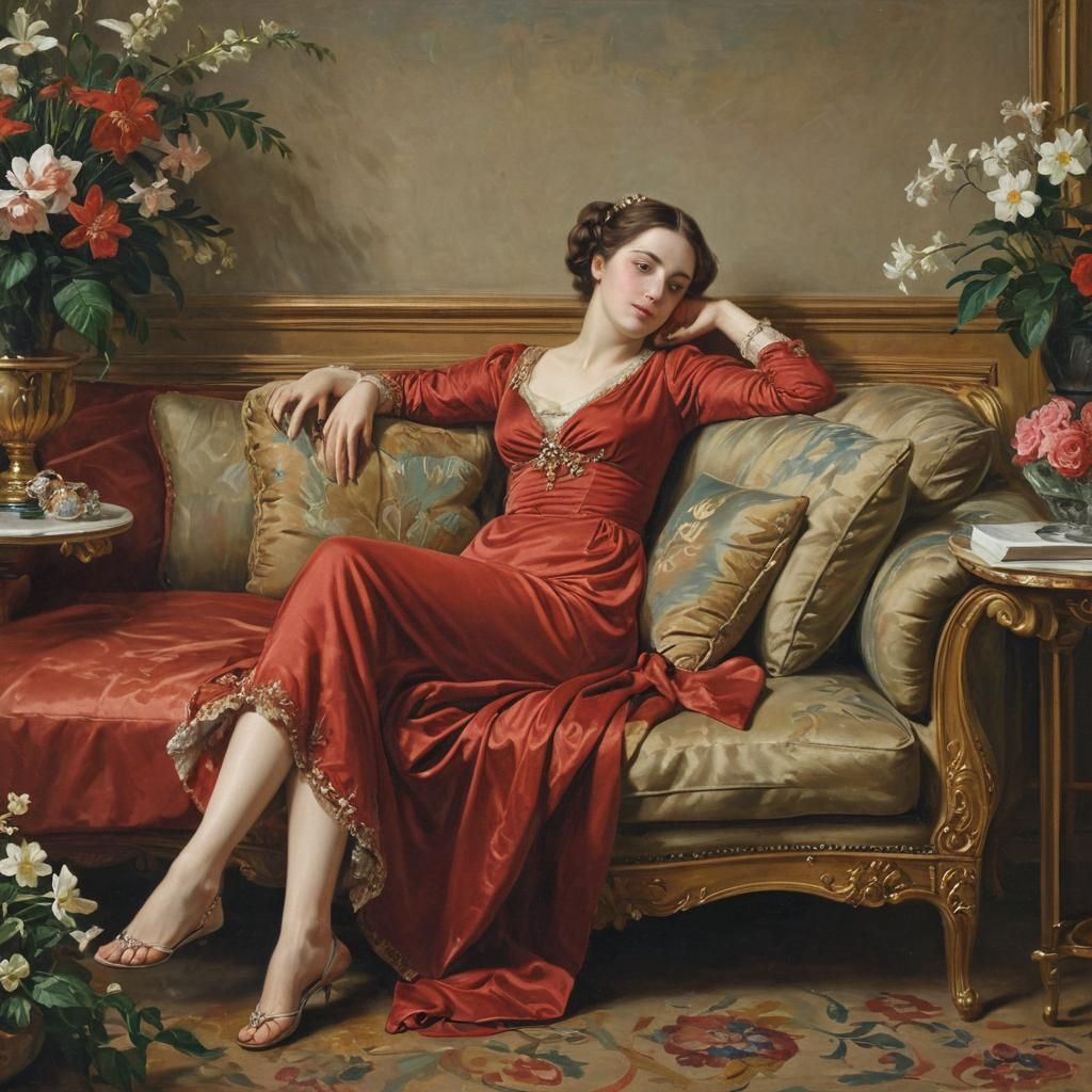 Woman in Red Dress: Neoclassical Fine Art