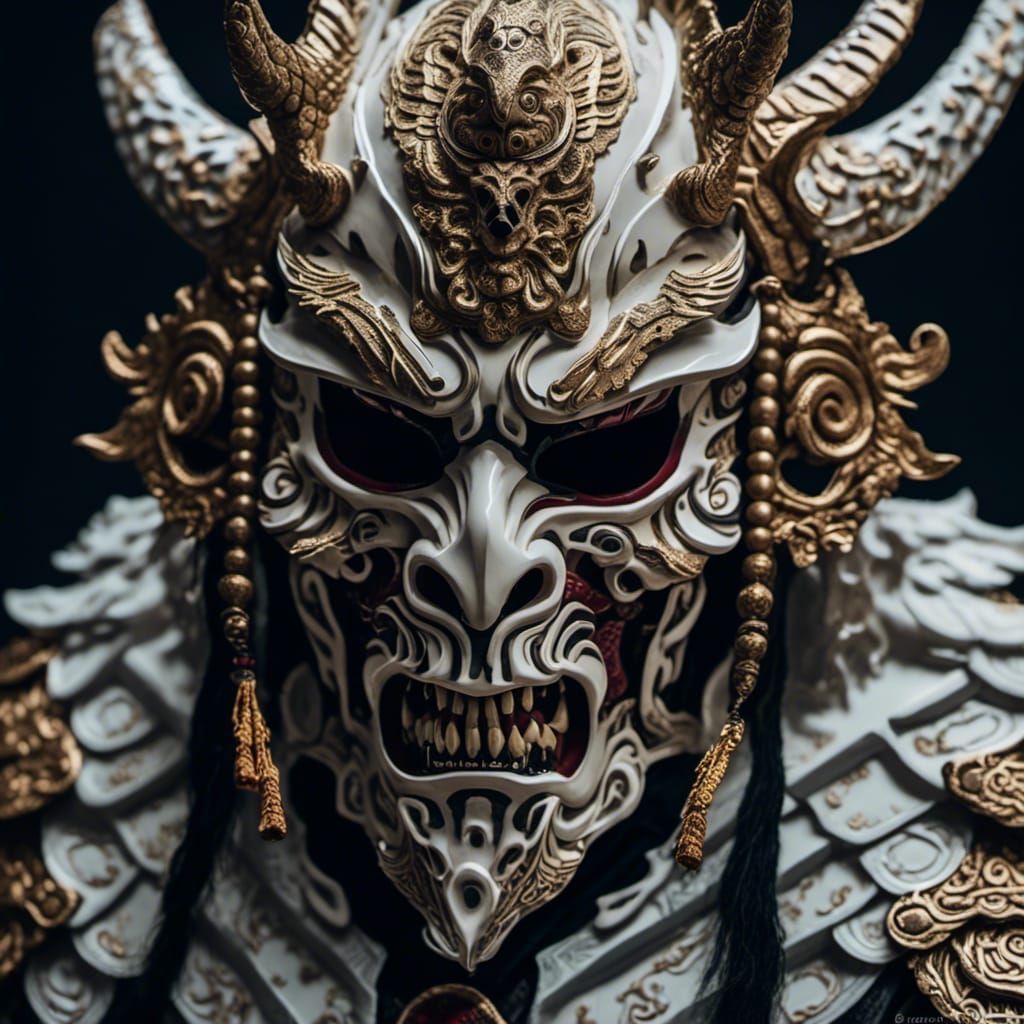 Oni Mask Samurai in Hyperrealistic Ivory Armor