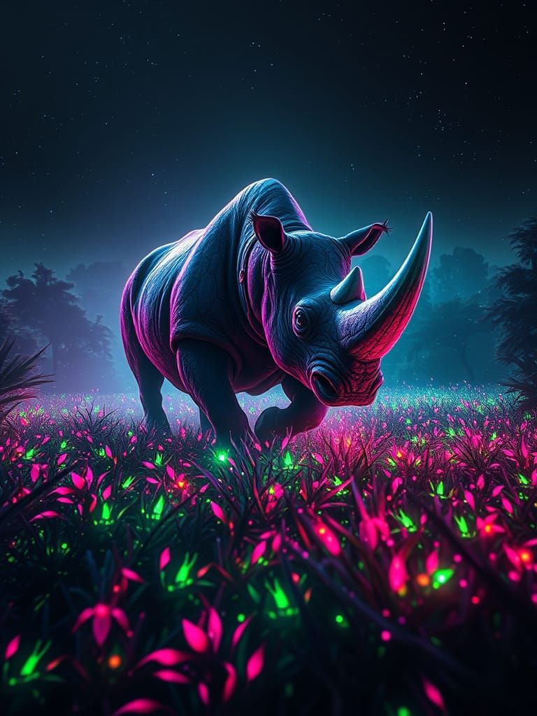 Neon Jungle Rhino in Hyperdynamic Surrealism