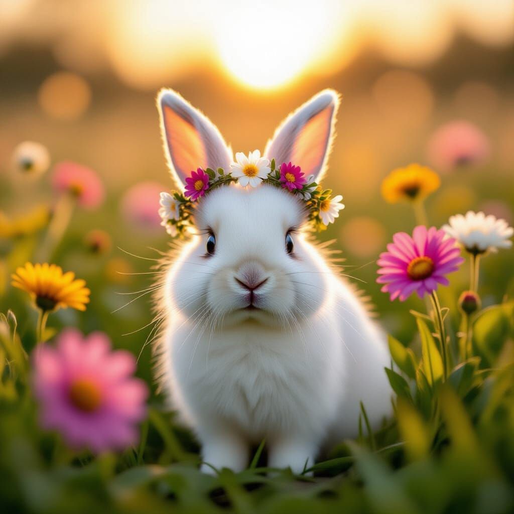 Fluffy Rabbit in Wildflower Meadow at Sunset