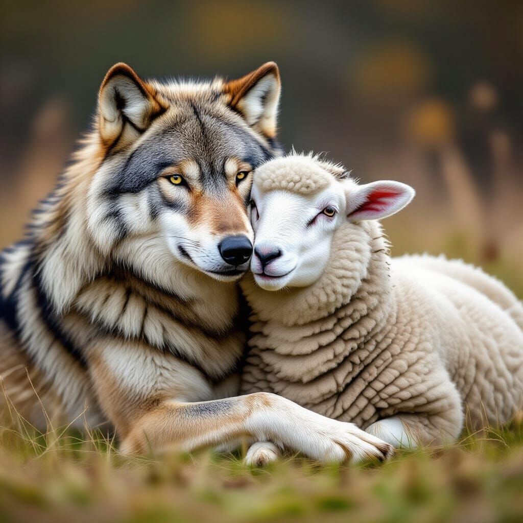 Wolf Comforts Sheep in Gentle Embrace