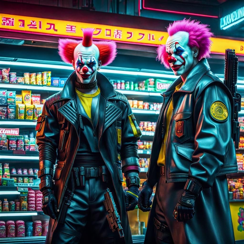 Gangster Clowns with Weapons in Cyberpunk Store