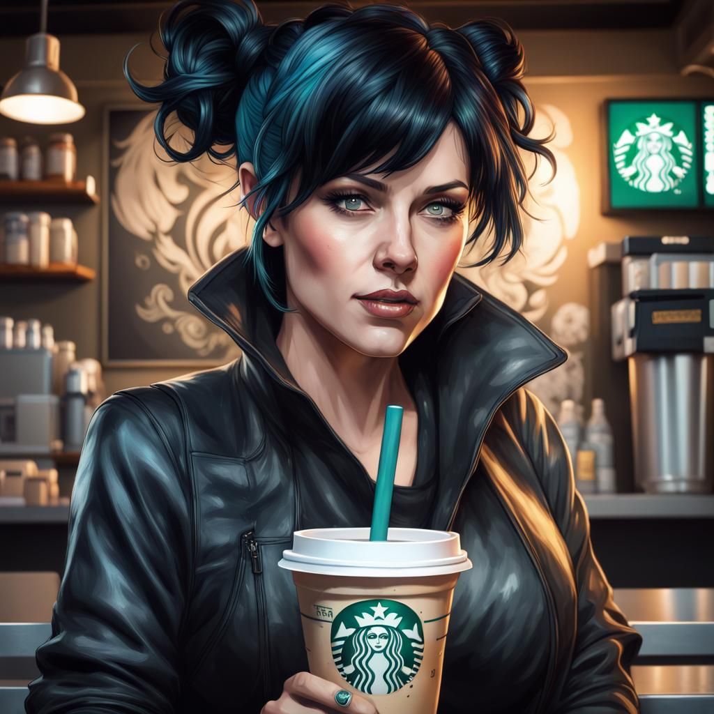 Woman drinking oversized Starbucks chocolate cup.