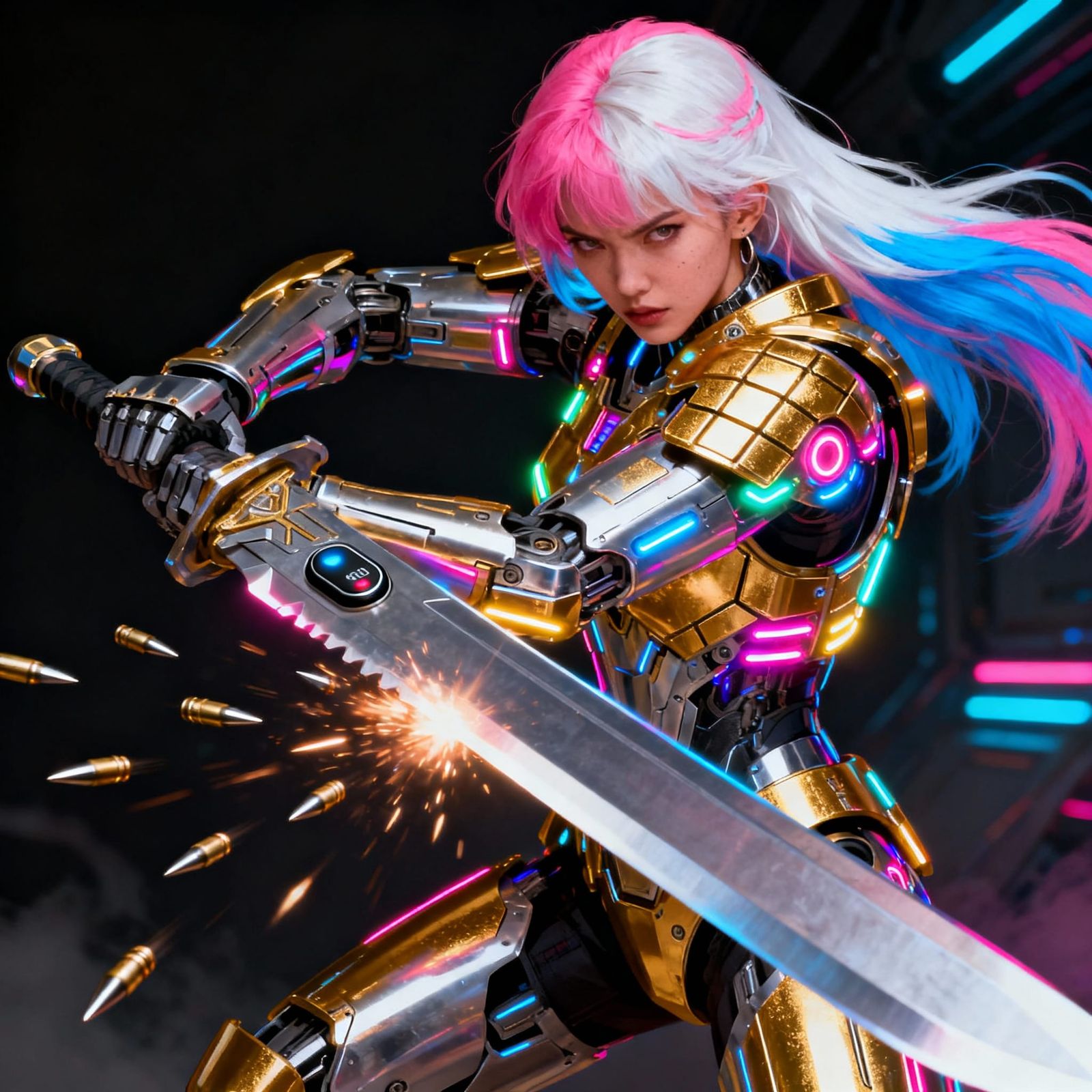 Gold Panel Armor on Cybernetic Woman with LED Lights