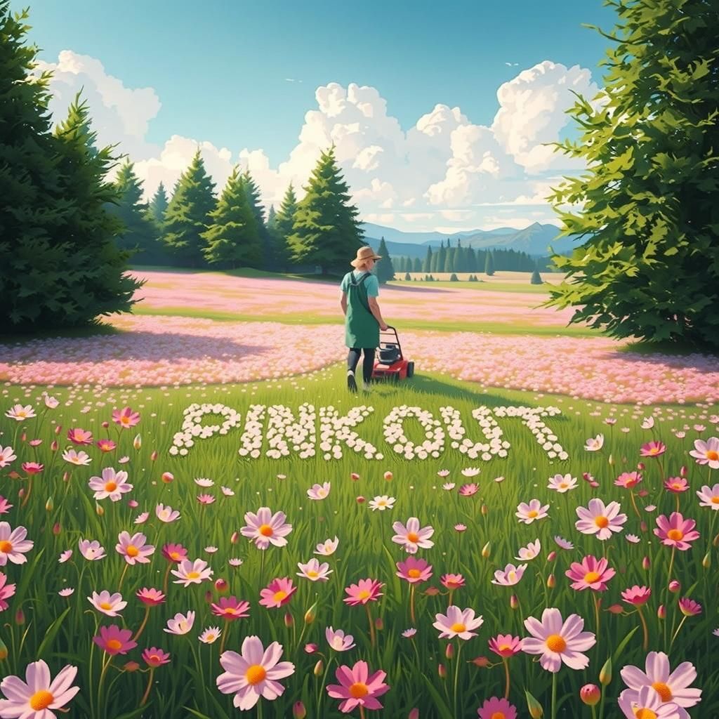 Hyperrealistic Meadow with Pink Flowers Spelling "Pink Out"