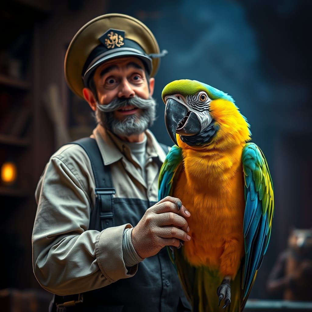 Hyperrealistic Caricature of Zookeeper with Parrot