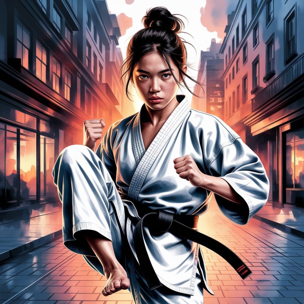 Dynamic Watercolor of Martial Artist in Action