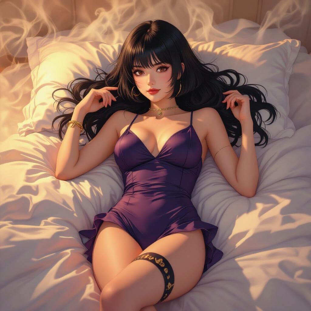 Vibrant Anime Style Woman on Bed, Golden Lighting