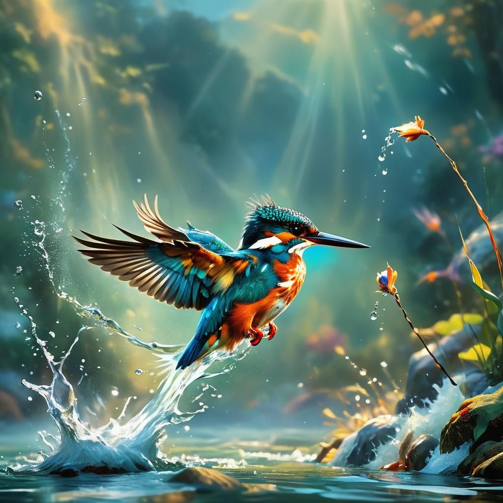 Kingfisher Underwater Action in Chromatic Surrealism