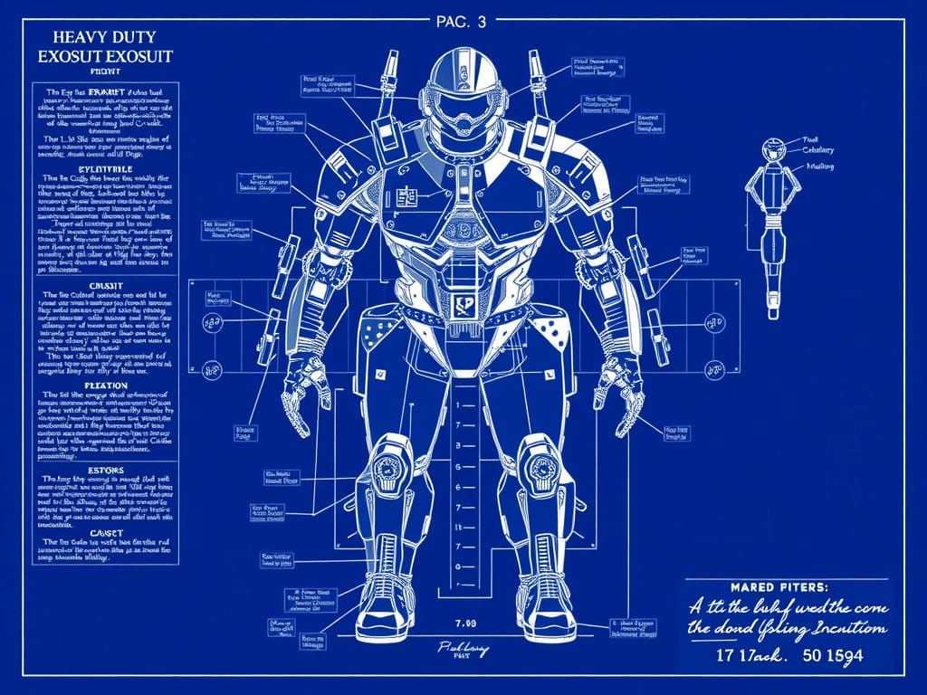 Heavy Duty Exosuit Blueprint in Industrial Patent Style