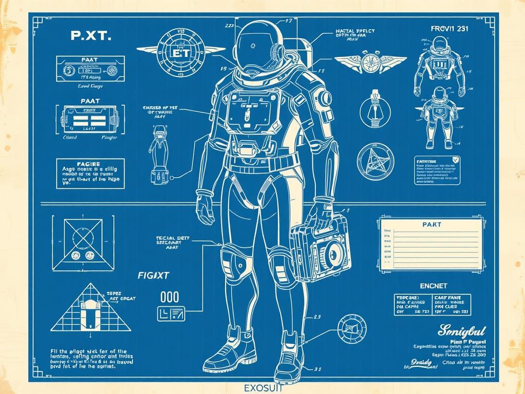 Vintage-Style Exosuit Blueprint in Prussian Blue