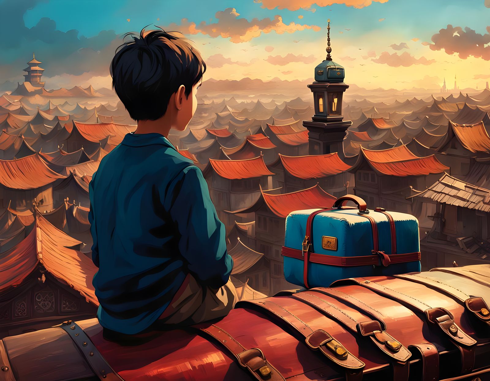 Boy on Roof Watching Refugees, 19th Century Art