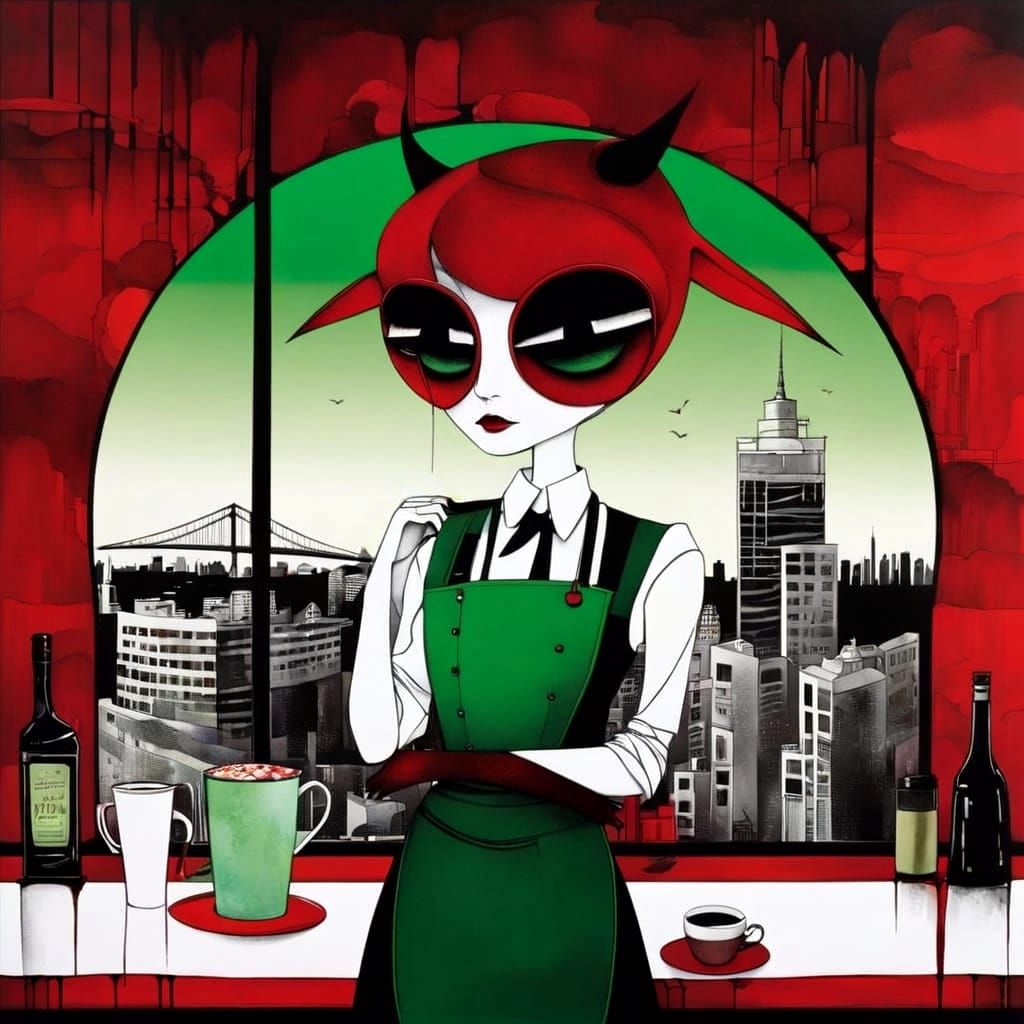 Demon Barista in Cafe, Dark Surrealism Style