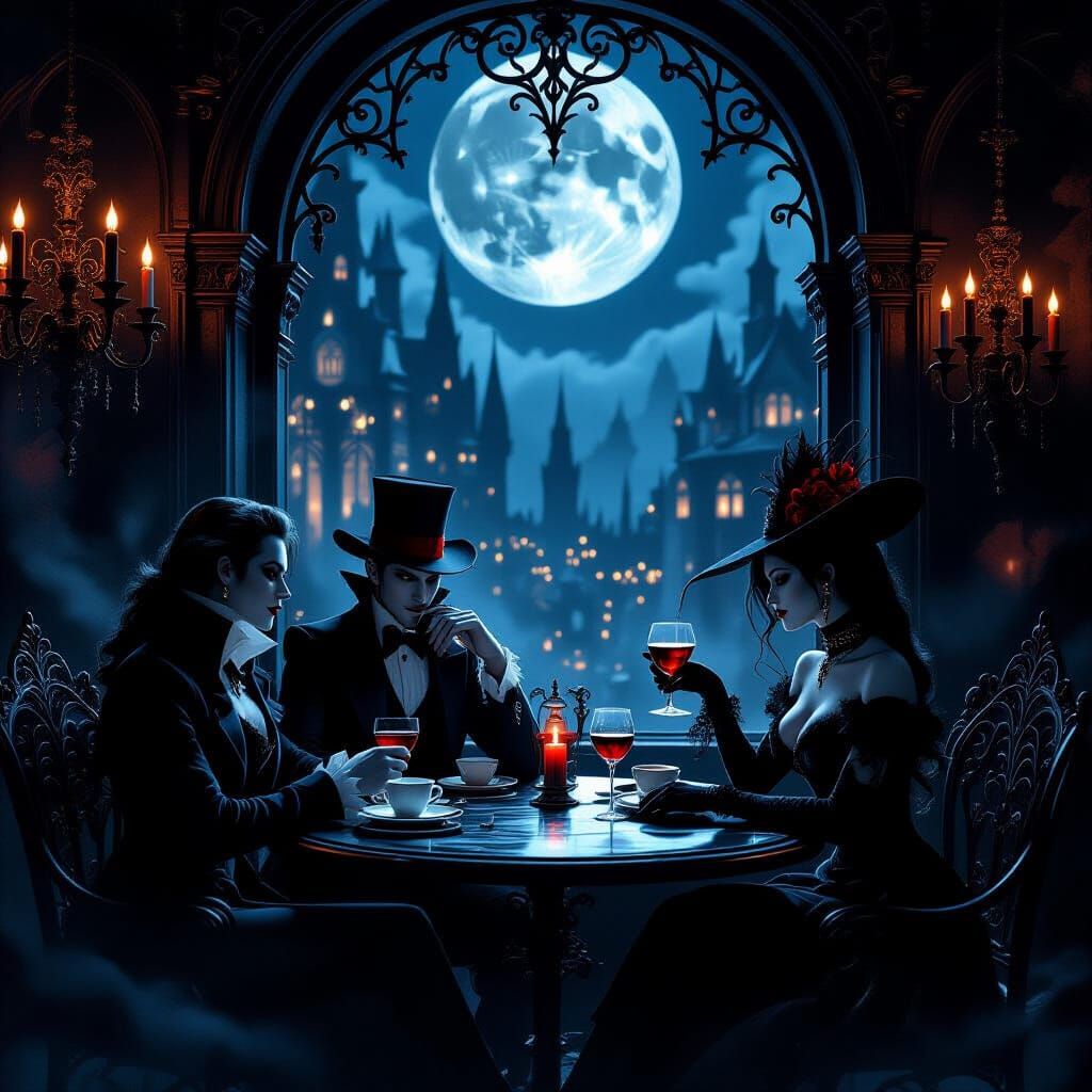 Gothic Midnight Cafe Scene with Vampires