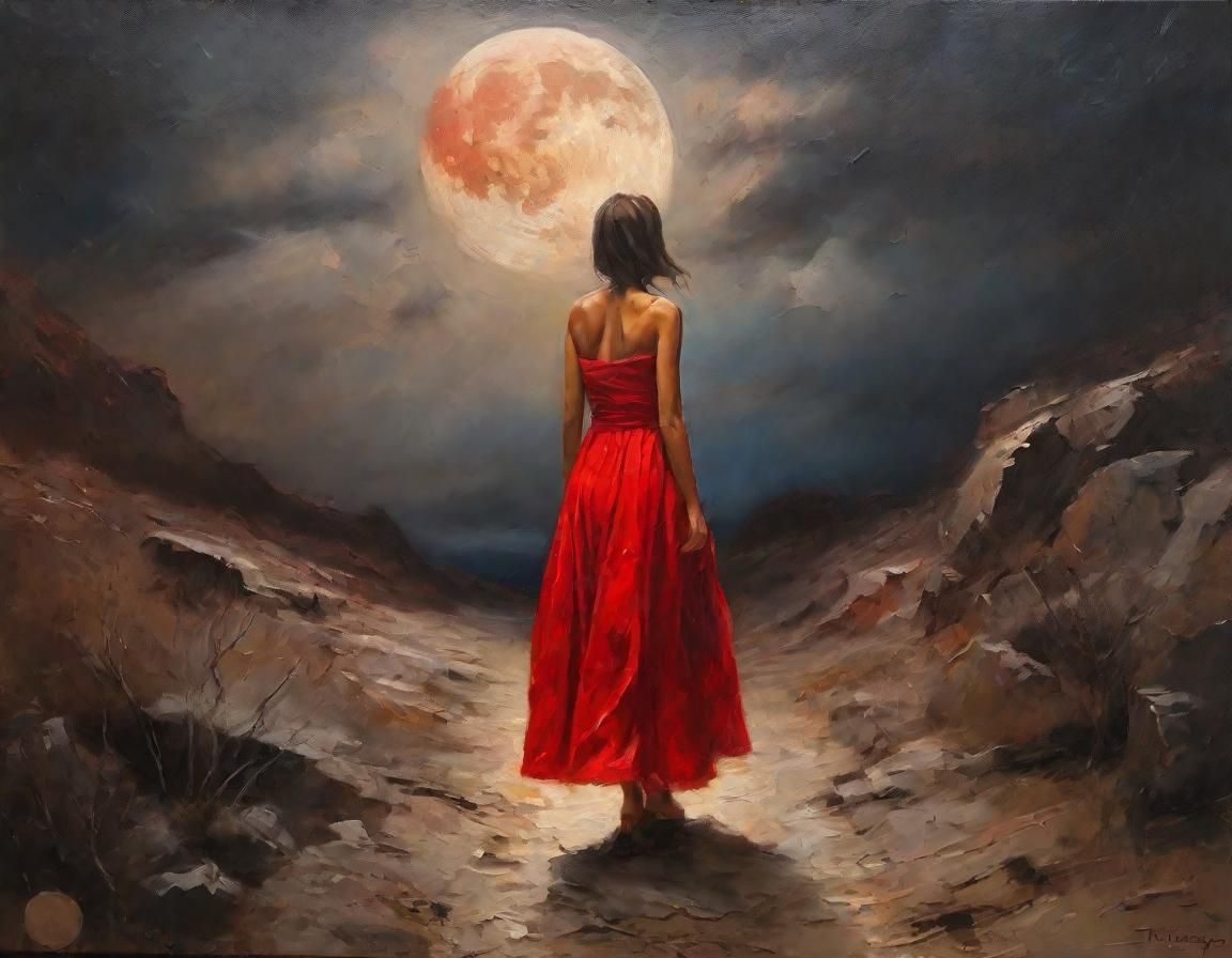 Woman Walks Towards Moon in Romantic Realism Style