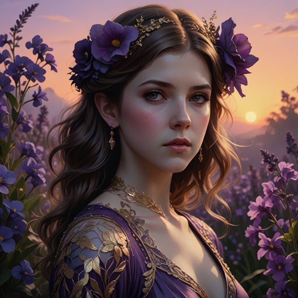 Regal Anna Kendrick in Lavender Sunset with Purple Violets