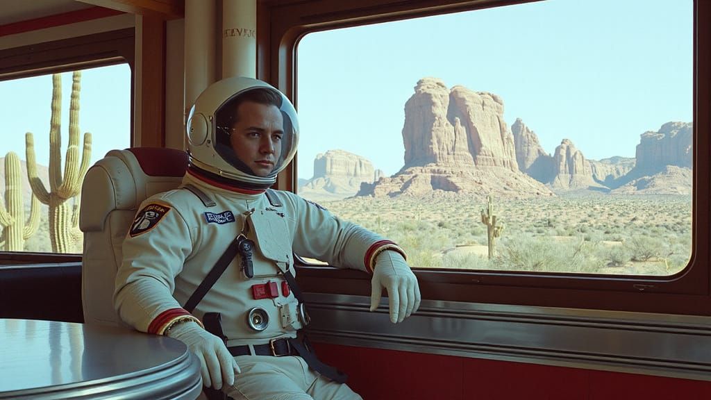 An astronaut wearing a helmet and a retro flight suit, casua...