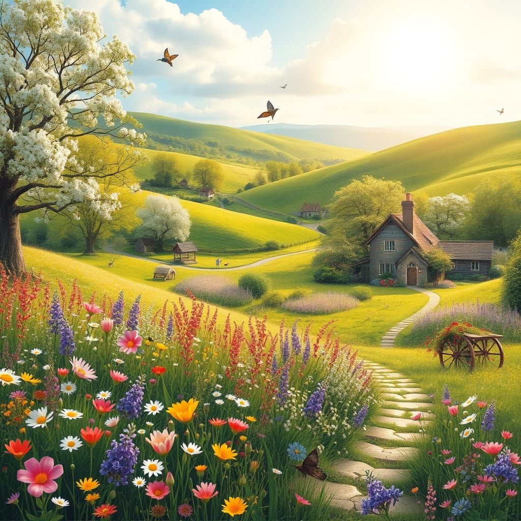 Idyllic Springtime Village in Vibrant Wildflowers and Blosso...