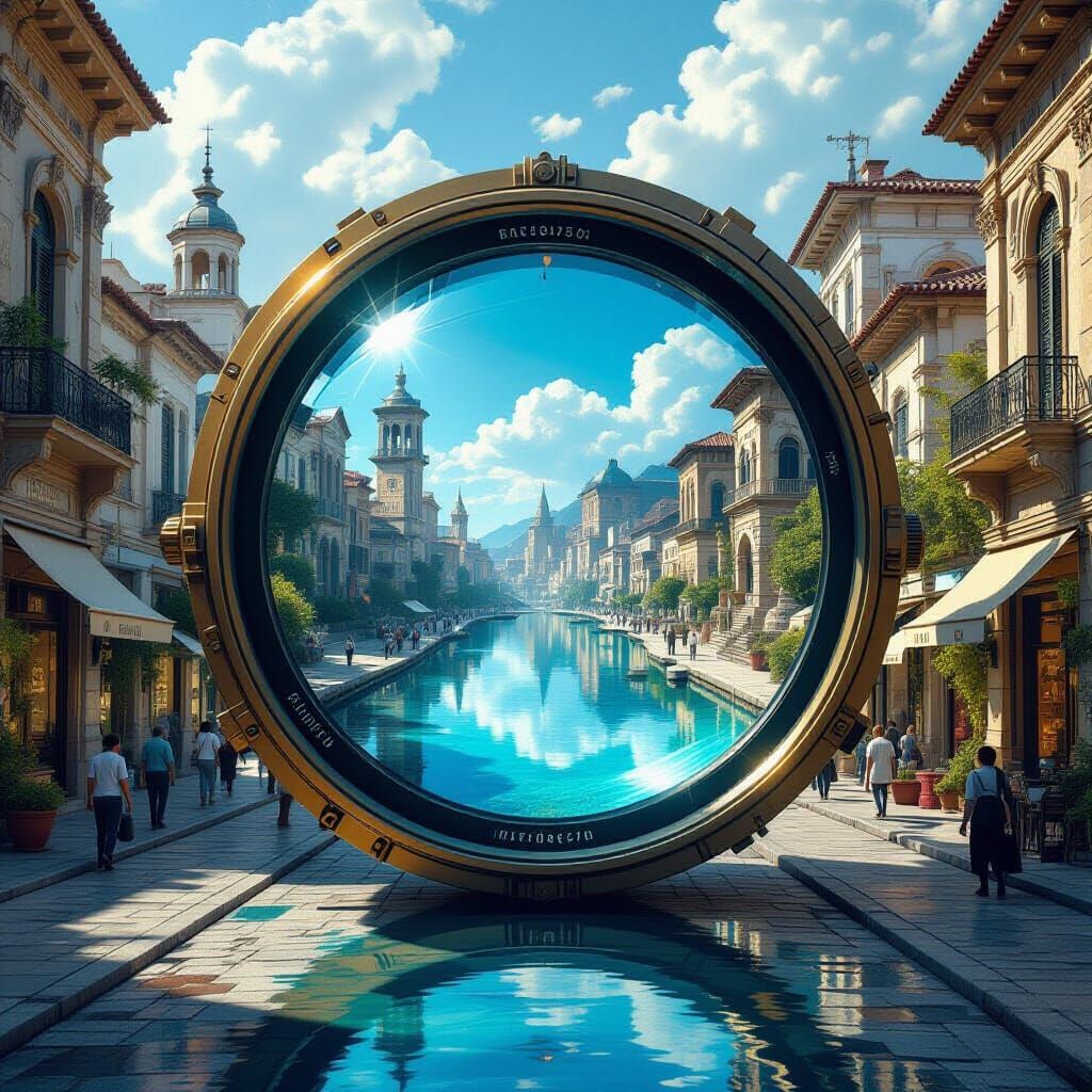 Surreal City Portal as Camera Lens, Blending Nature and Tech
