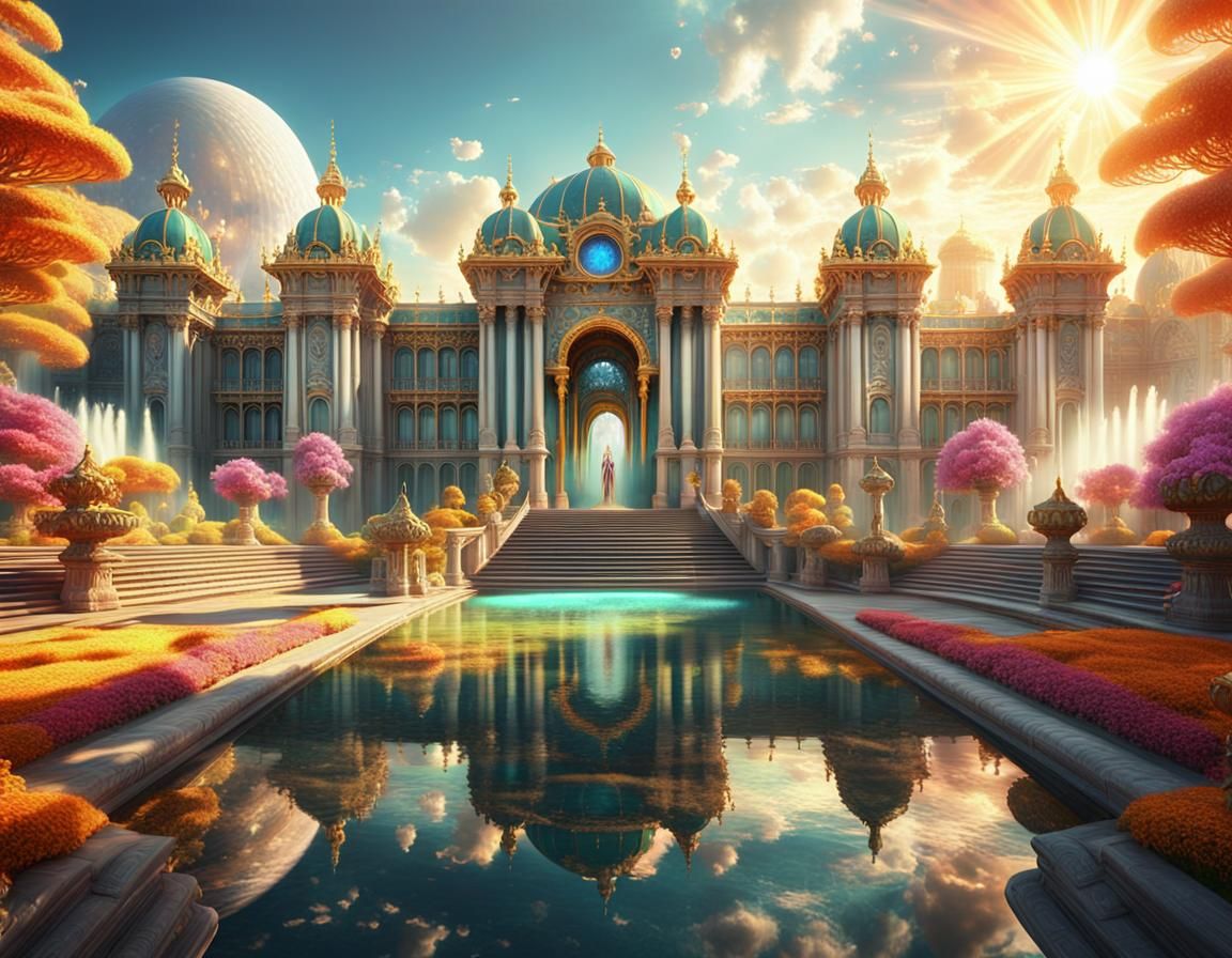 Surreal Palace in Nature with Fountains of Light