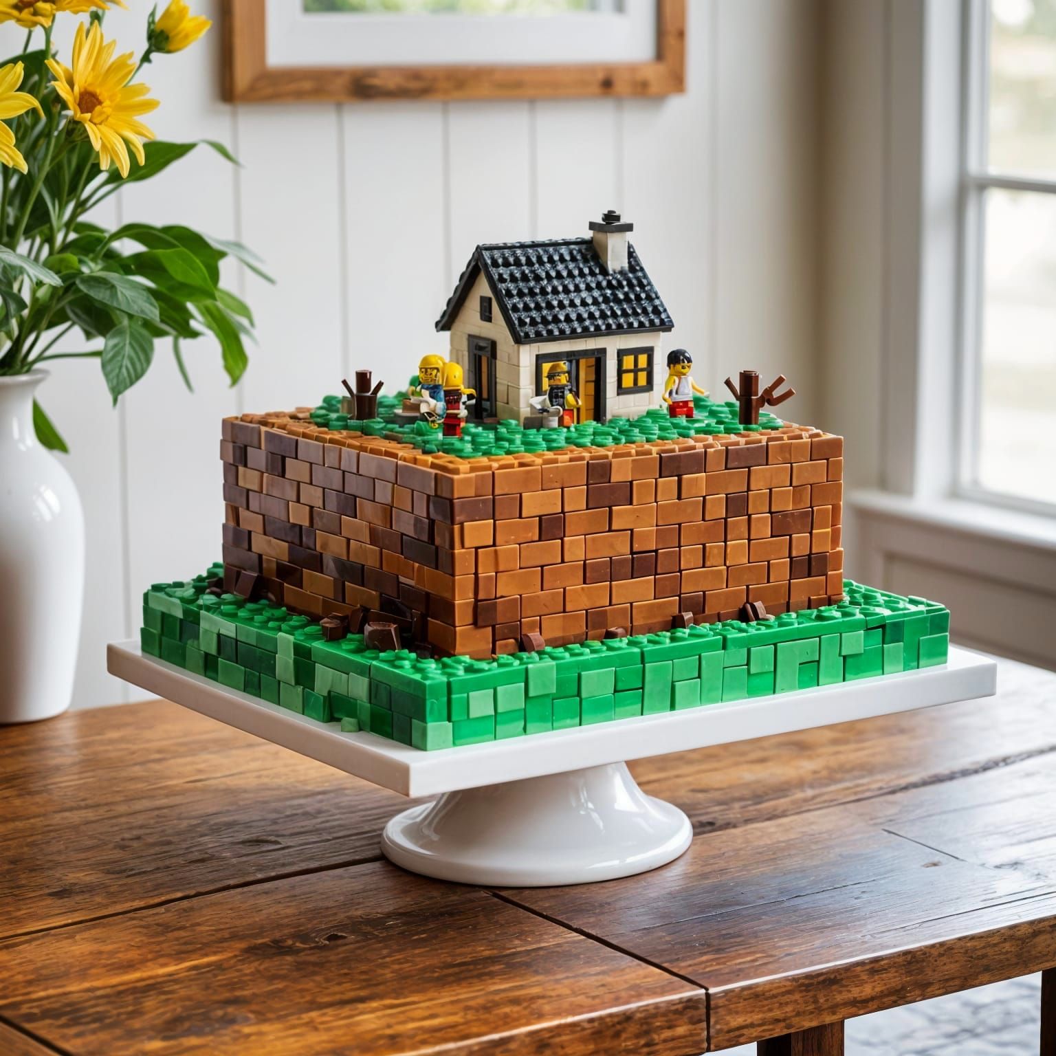 Lego Brick Cake on Farmhouse Table