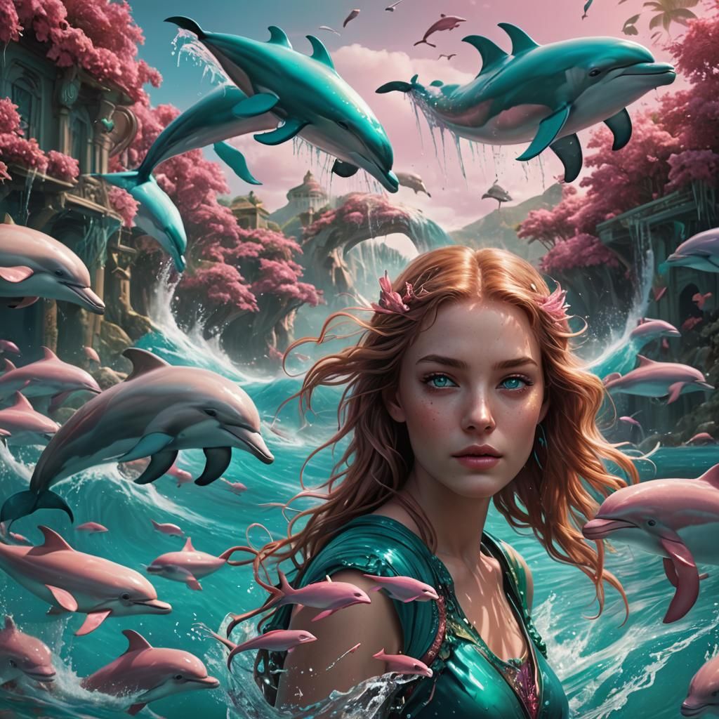 Girl with Dolphins in a Fantasy Matte Painting