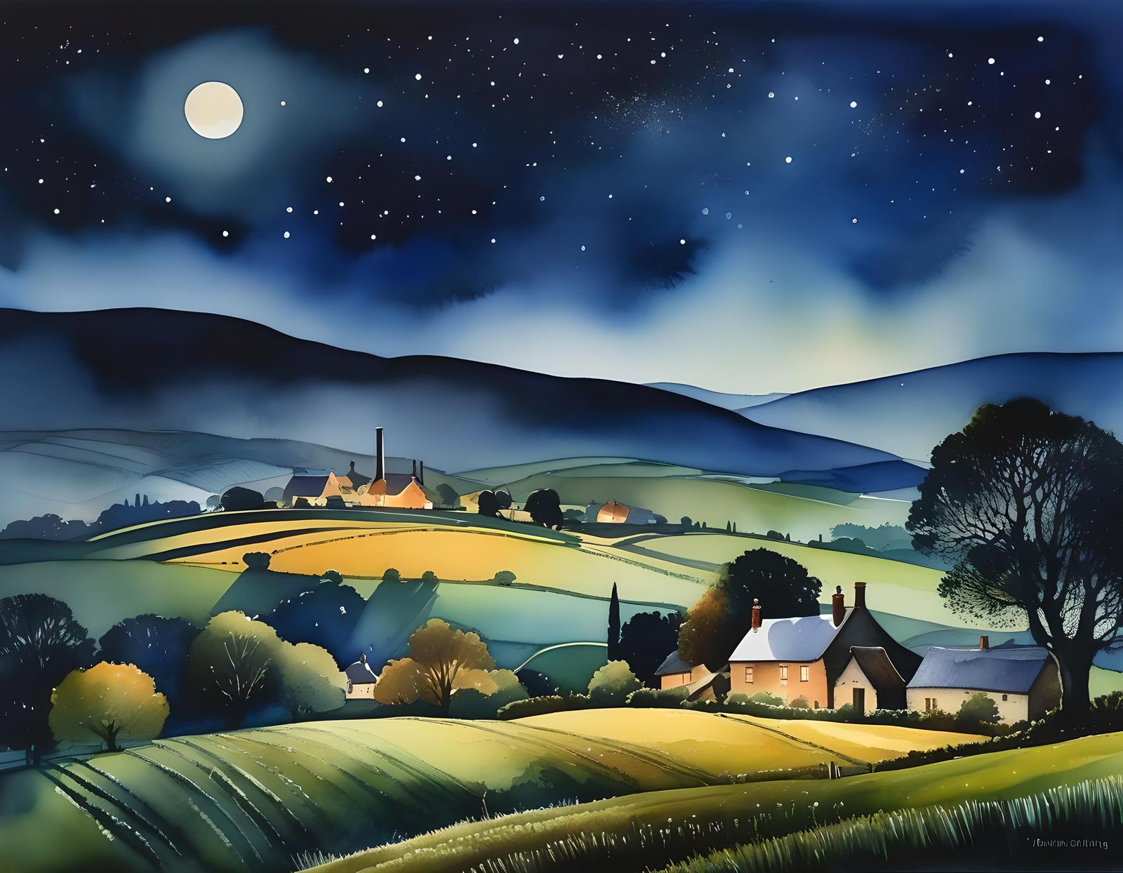 Moonlit Rural Scene in Impressionistic Watercolour