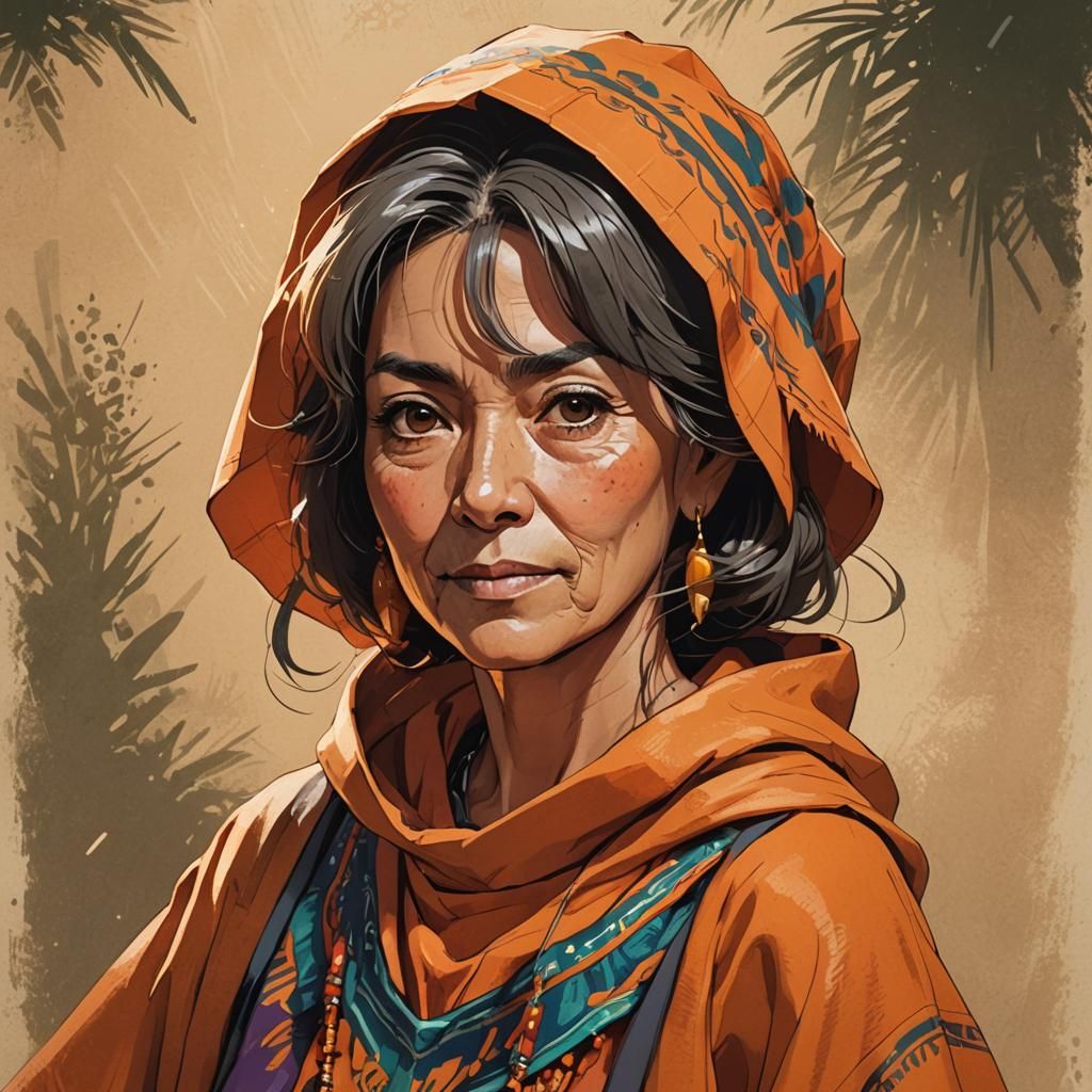 Friendly Mexican Woman in Orange Poncho: Anime Style