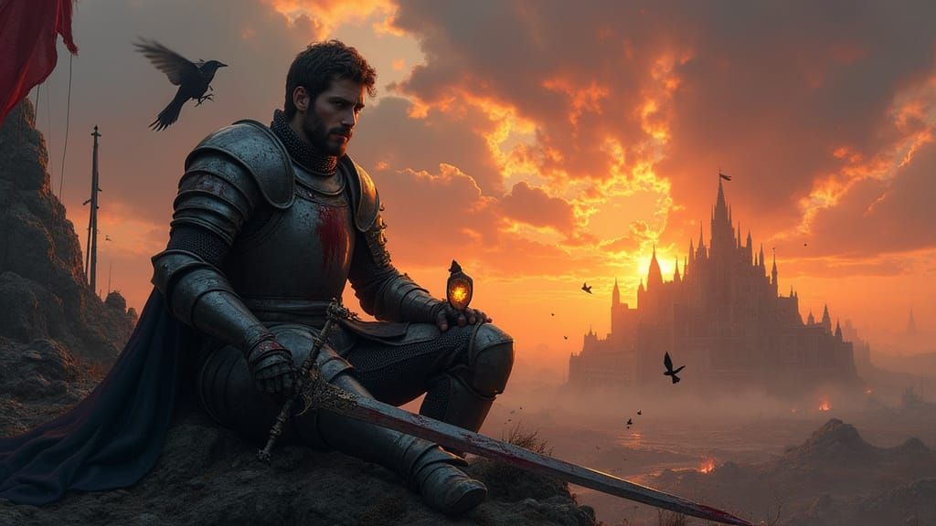 Lone Knight's Bittersweet Vigil on a War-Torn Battlefield at...