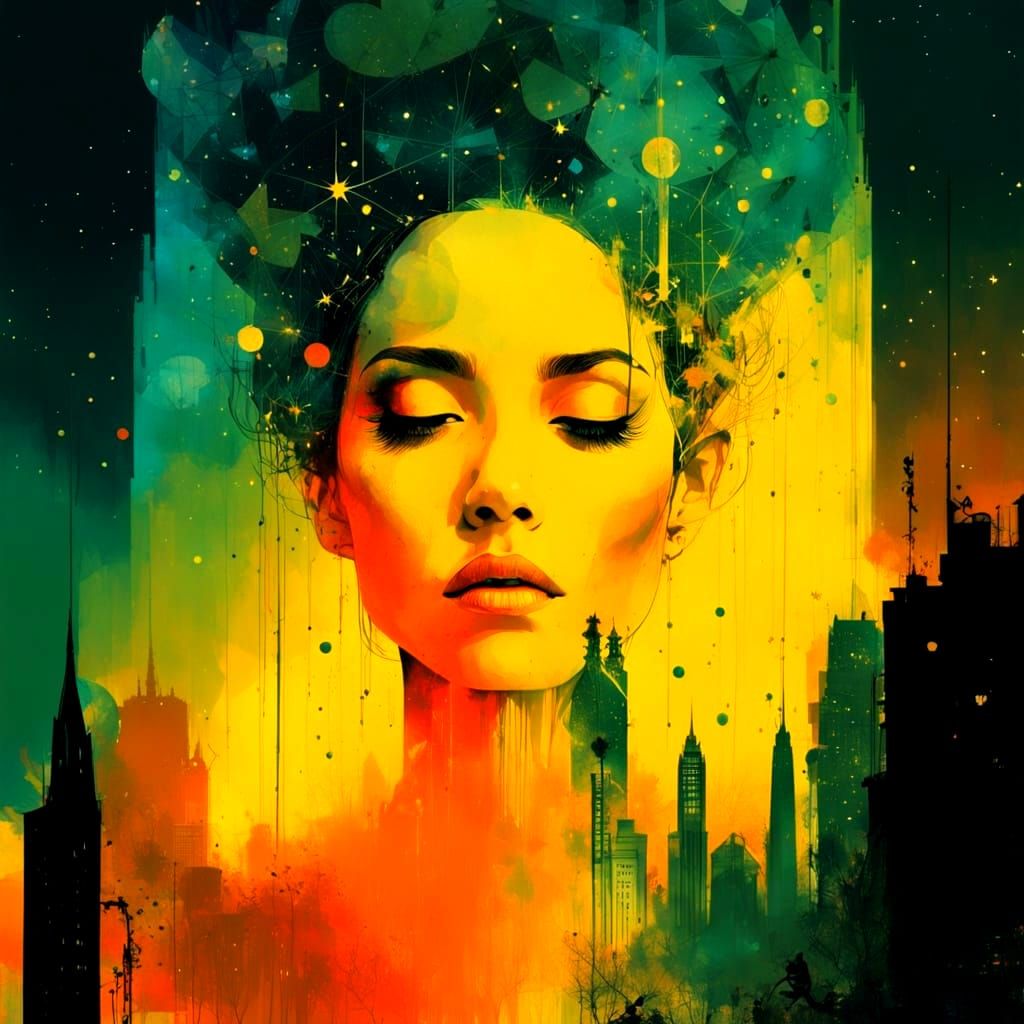 Galaxy Drips Into Cityscape Silhouette Princess Head