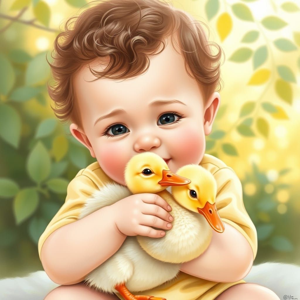 Charming Impressionist Baby Boy and Duckling Hug