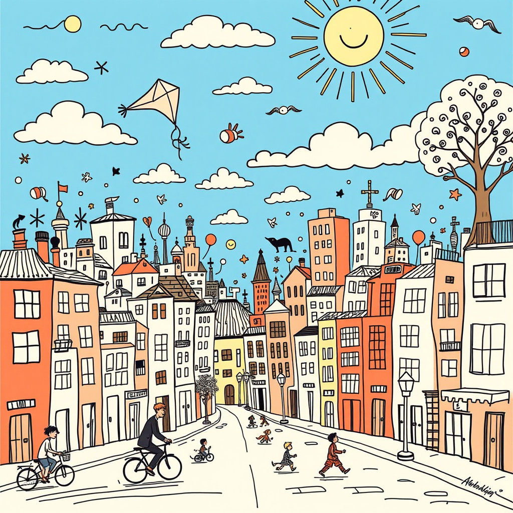 Doodle Cityscape of Whimsical Buildings and Characters