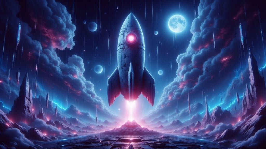 8-Bit Whimsy: A Classic Moon Rocket in Vibrant Airbrush Art