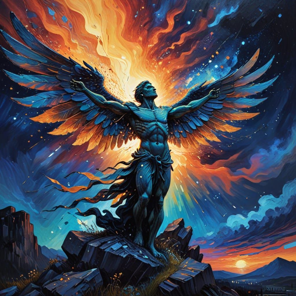 A Broken Guardian Descends with Shimmering Wings