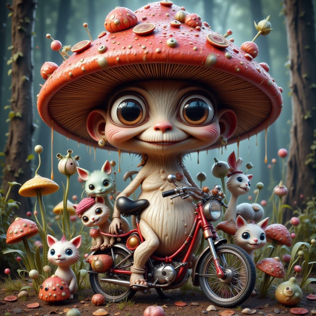 Maximalist Cartoon Biker Mushroom with Plushies
