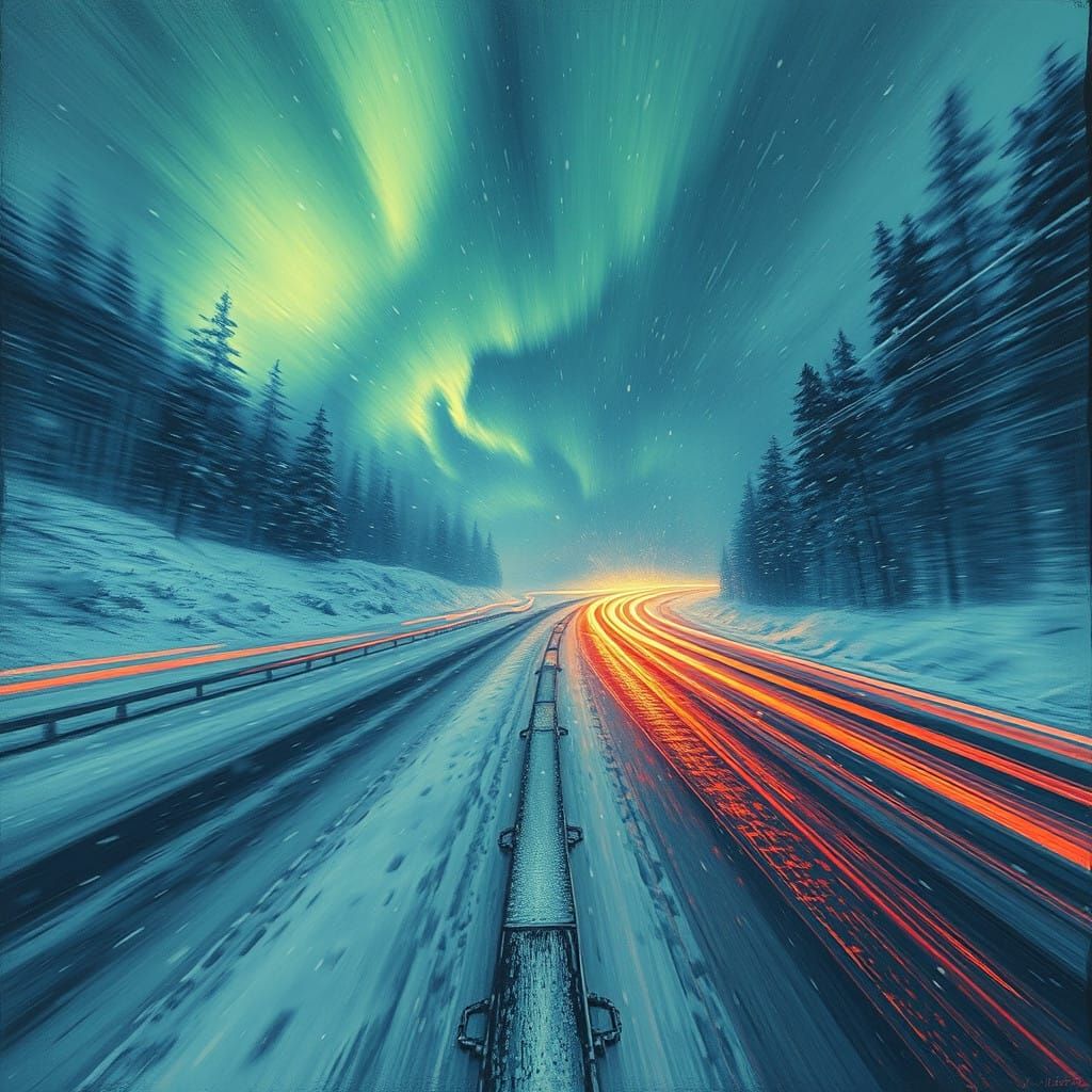 Ethereal Highway in a Winter Raging Snowstorm
