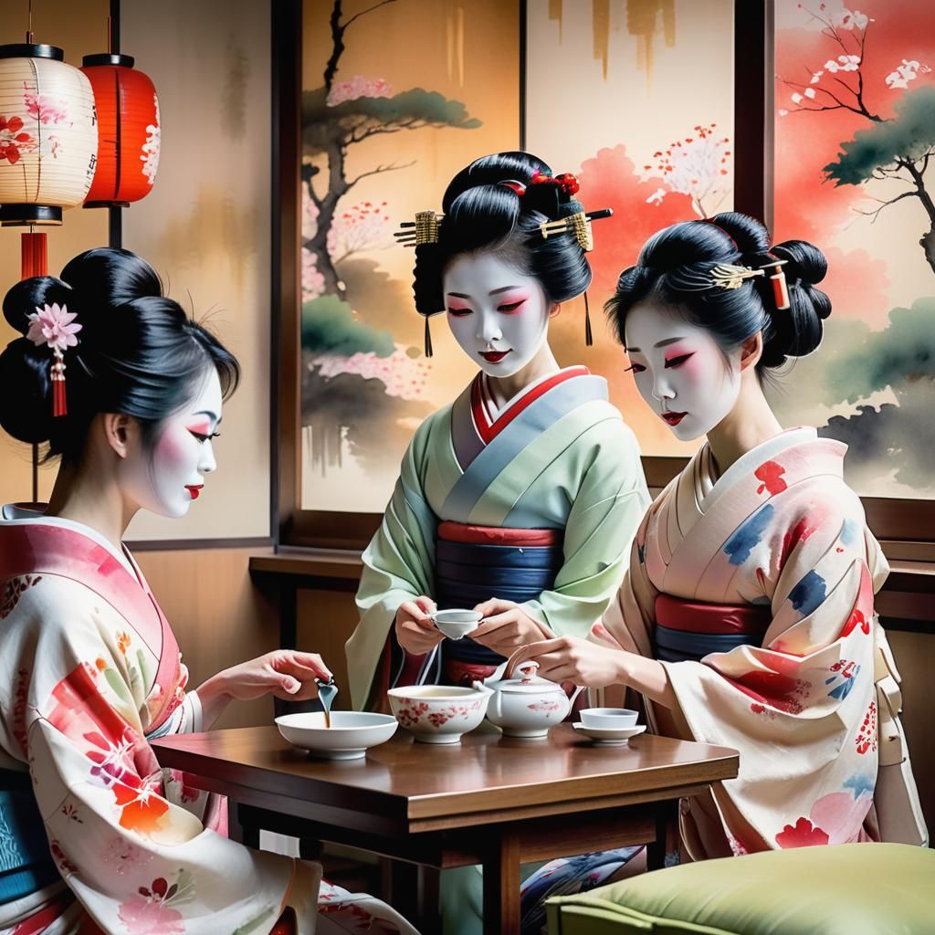 Geisha Serves Tea: Japanese Watercolor Art Deco