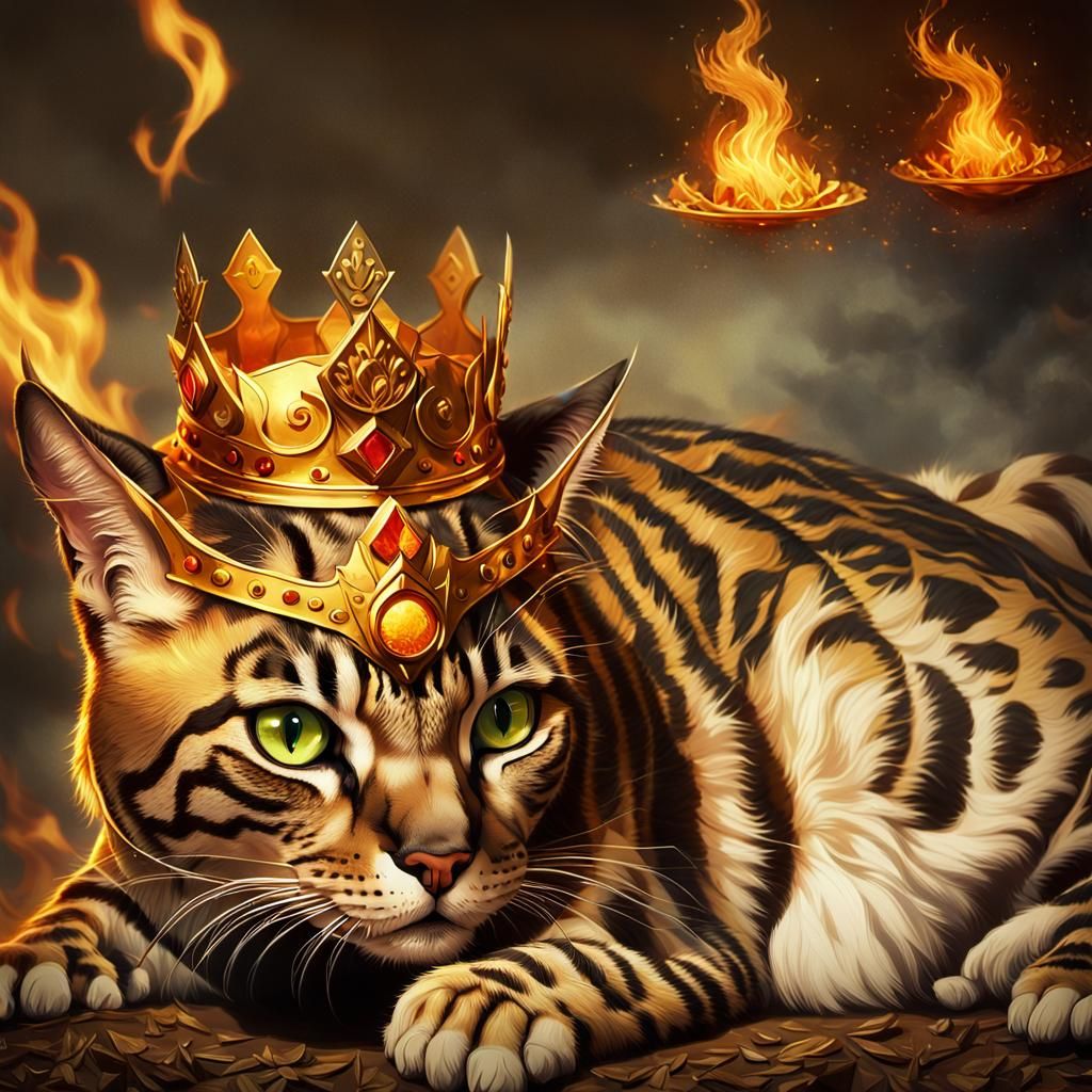 Armored Bengal Cat King in Golden Fire