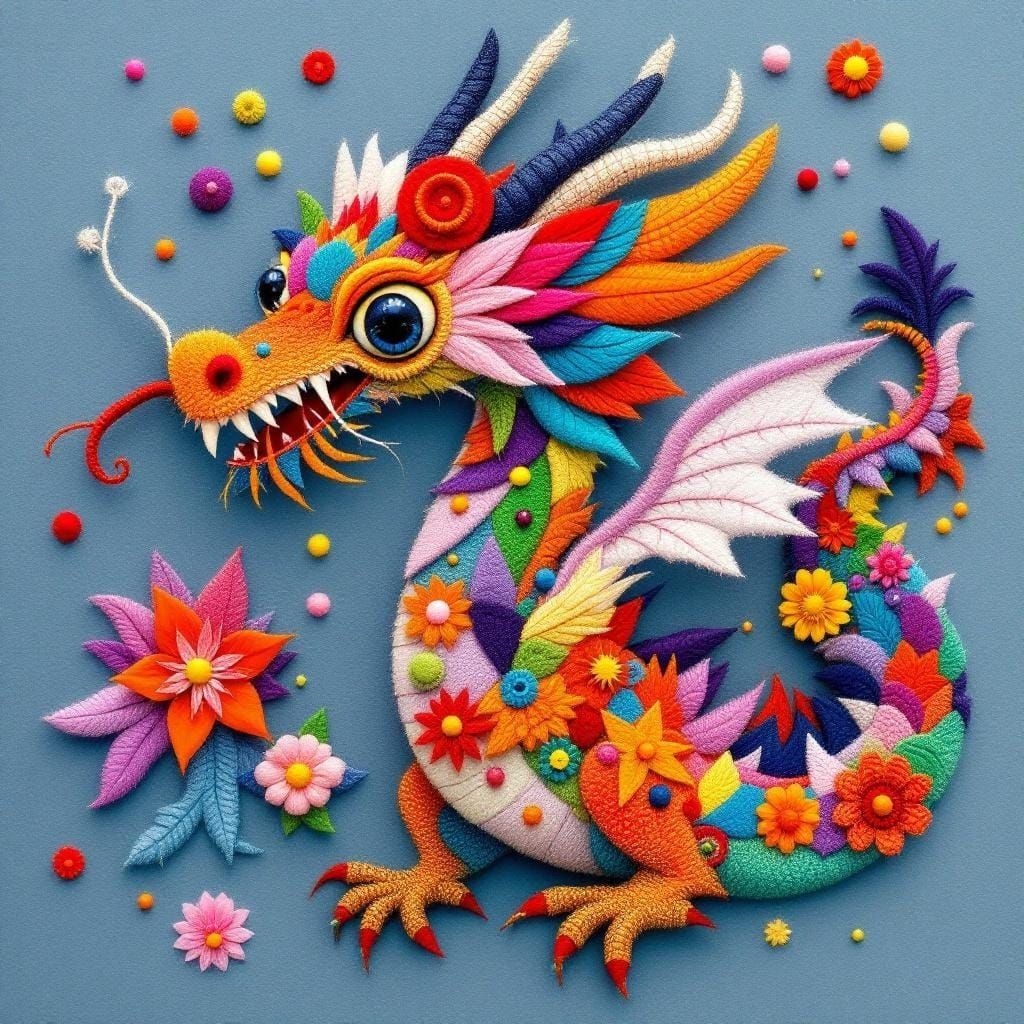 Vibrant Felt Dragon Artwork with Embroidery