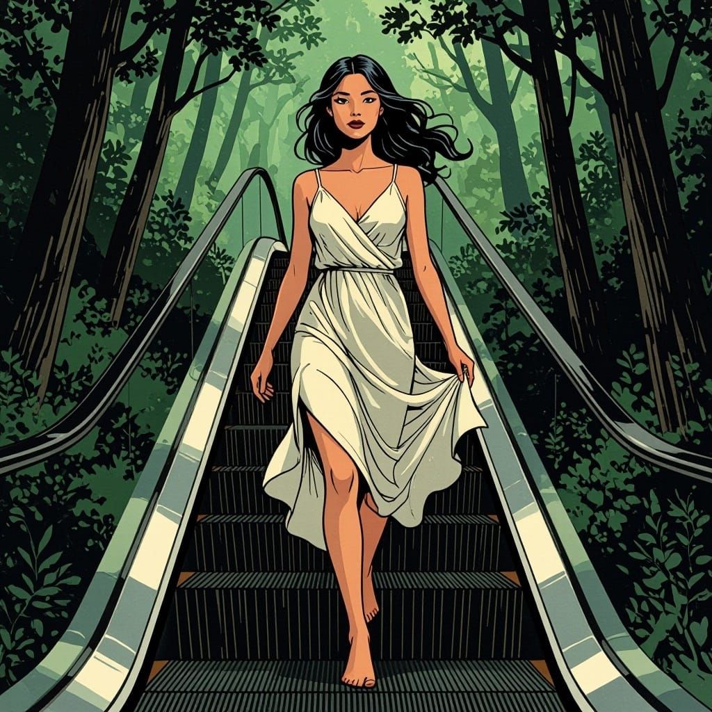 Chic Nymph Walks Barefoot on Escalator in Woods