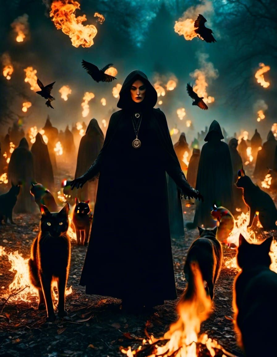 Witches' Wiccan Ceremony at Dusk in Cinematic Style