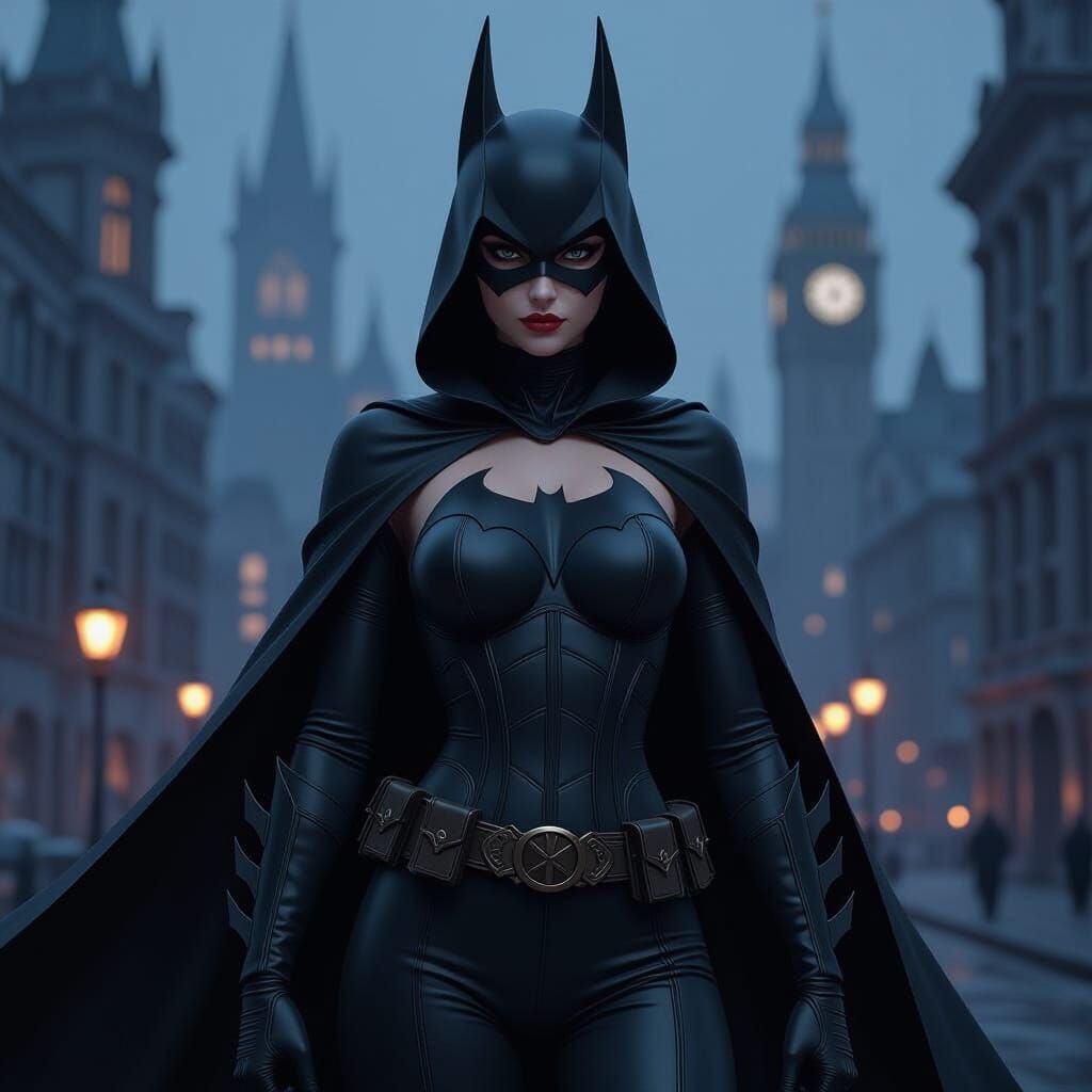 Heroic Bat Woman in Gothic Cityscape
