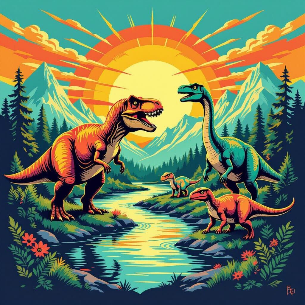 Dinosaurs Gathered by River in Screen Print Style