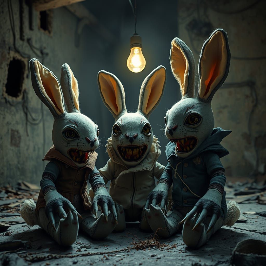 Distorted Plush Bunnies in Dystopian Nursery