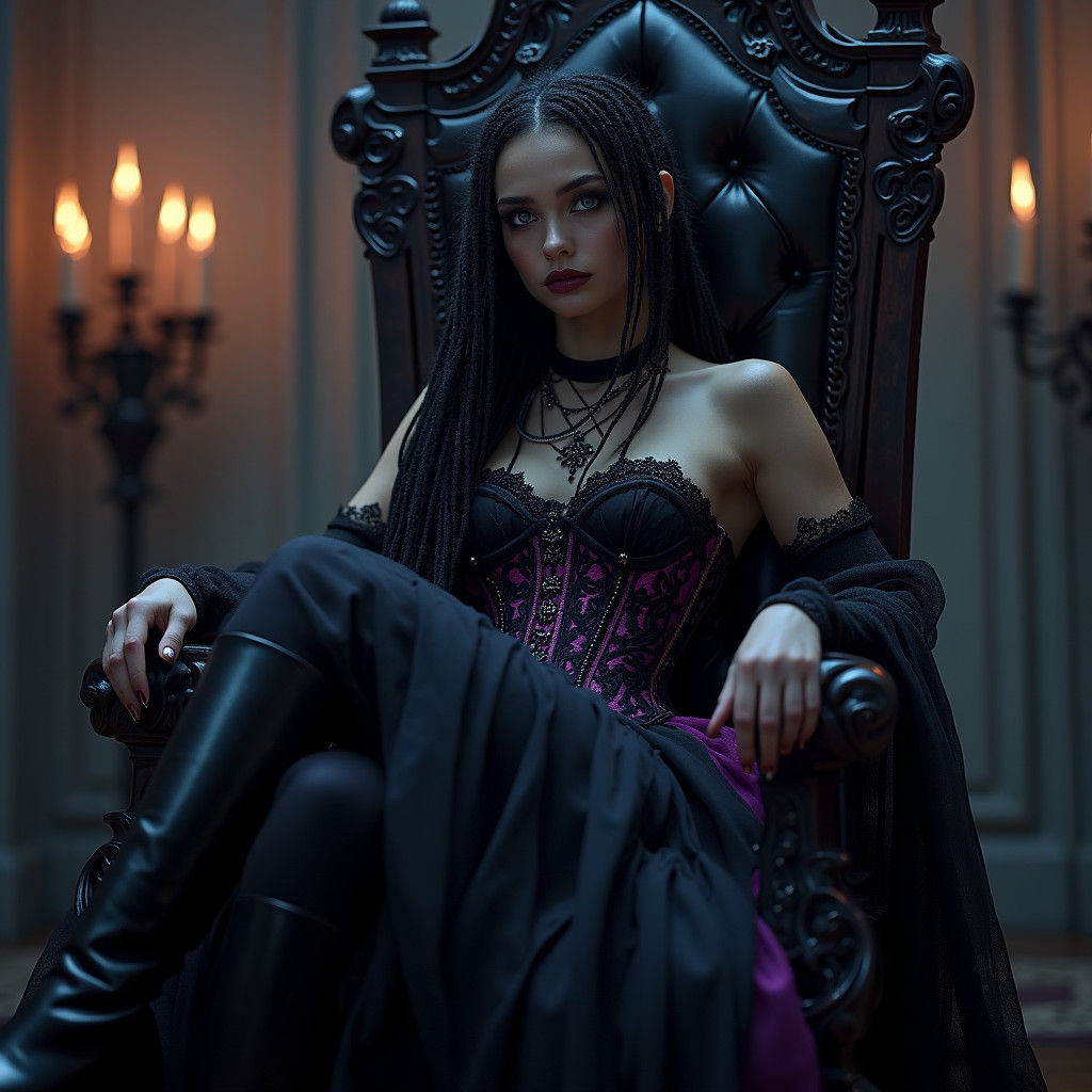 Gothic Woman on Throne with Candlelight in Dark Style