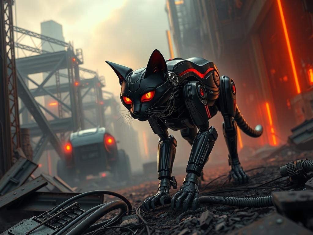 Cyberpunk Robotic Cat Prowling Industrial Zone