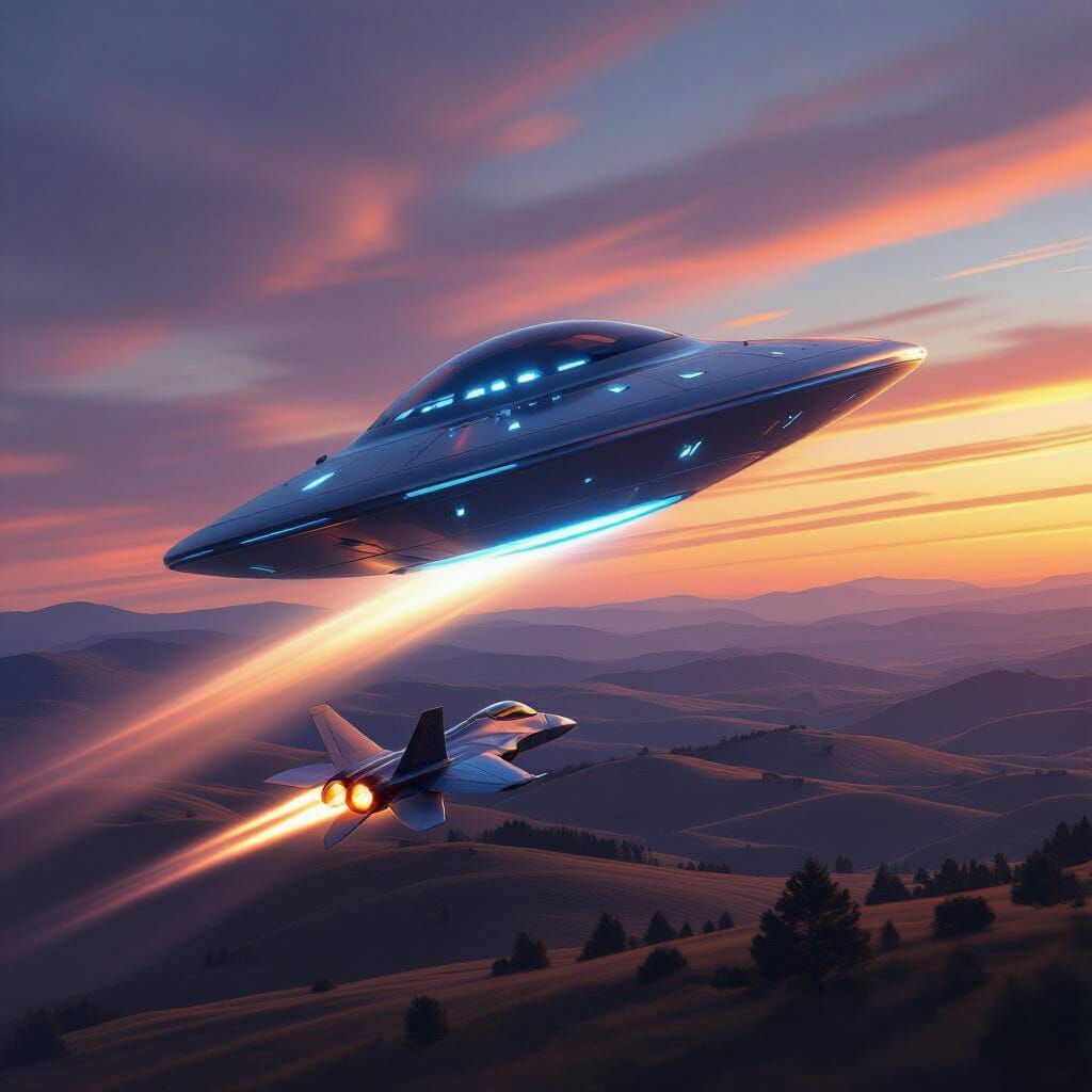 UFO Outpaces Jet Fighter Over Rugged Landscape