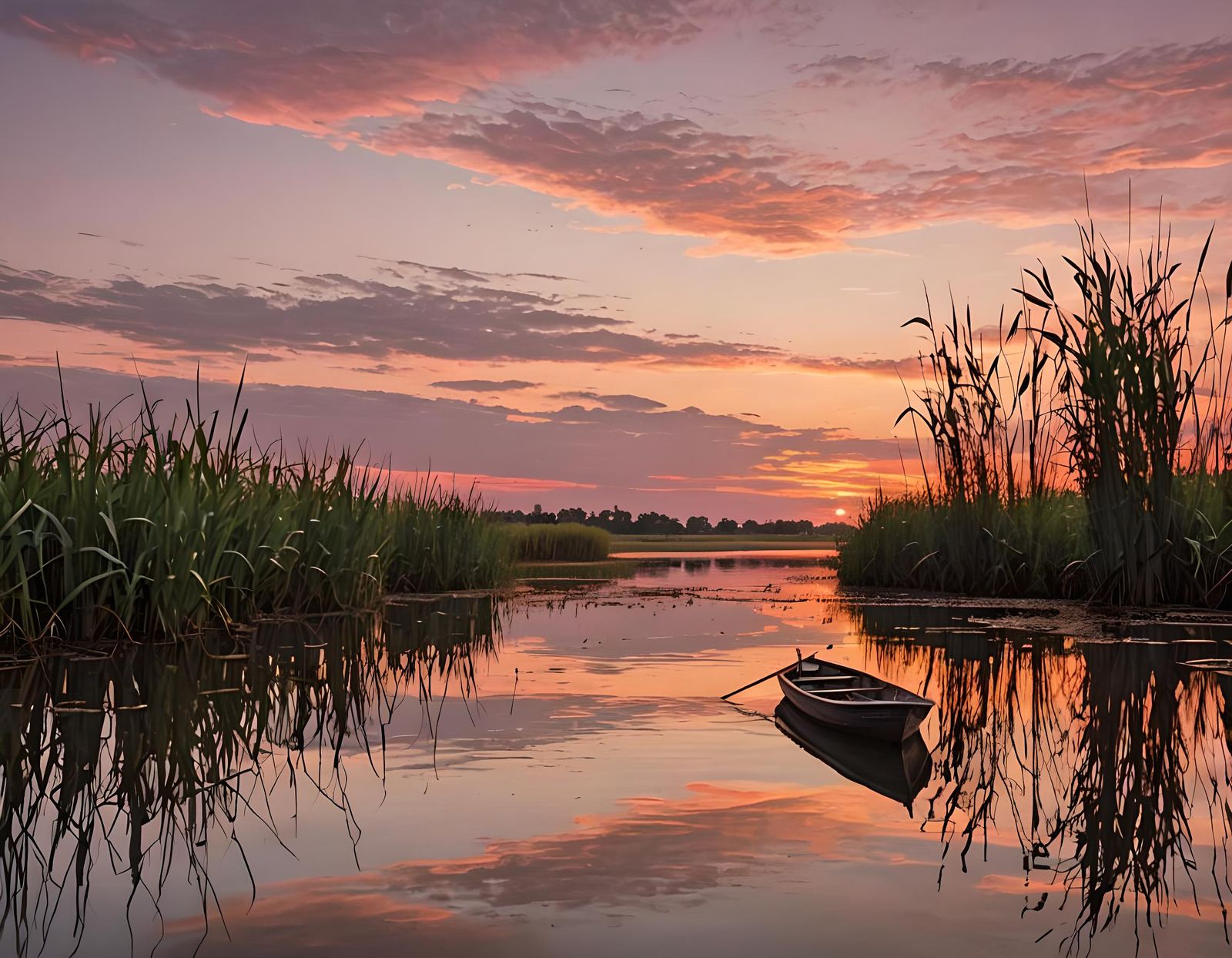 Boat Drifting on River at Sunset